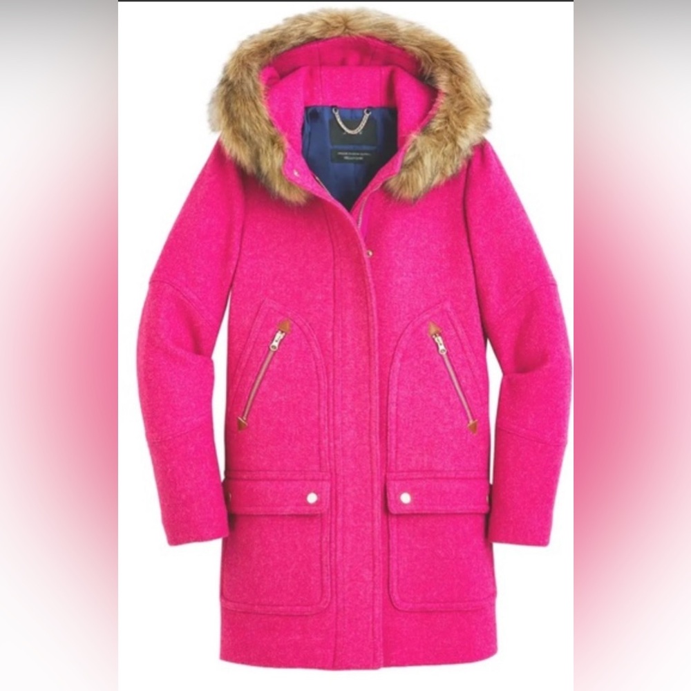 J. Crew Chateau Parka Pink Coat Stadium Cloth Wool Removable Faux Fur Collar